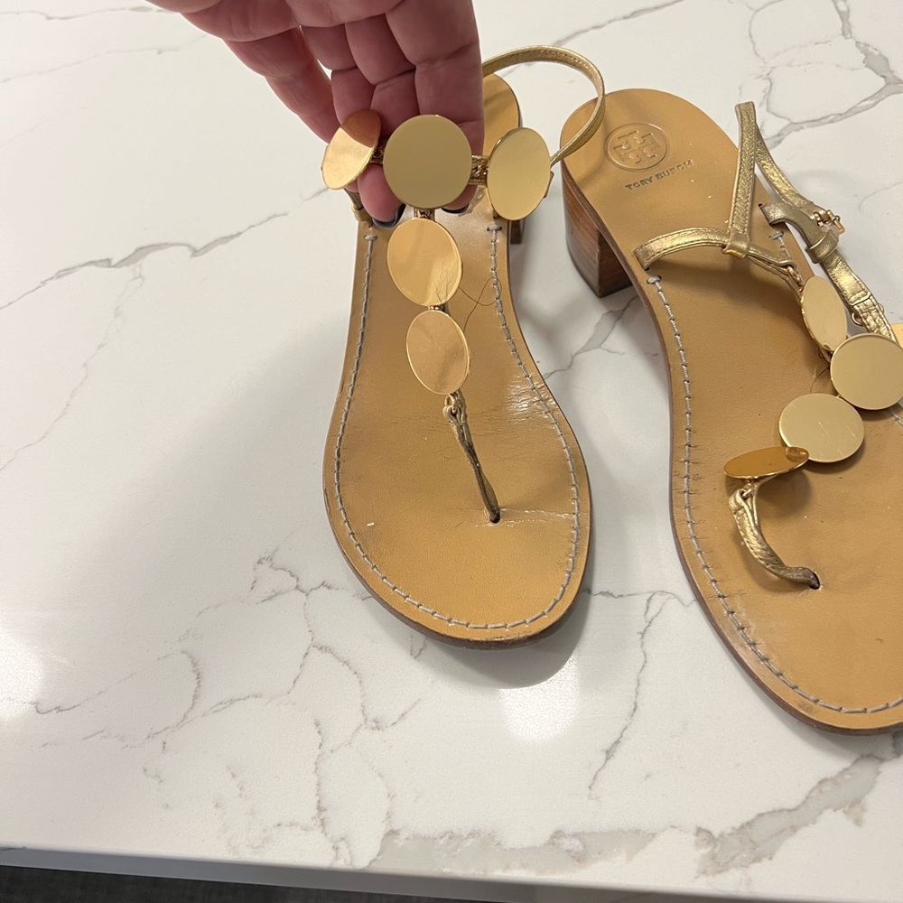 Tory Burch gold sandals with wood heel